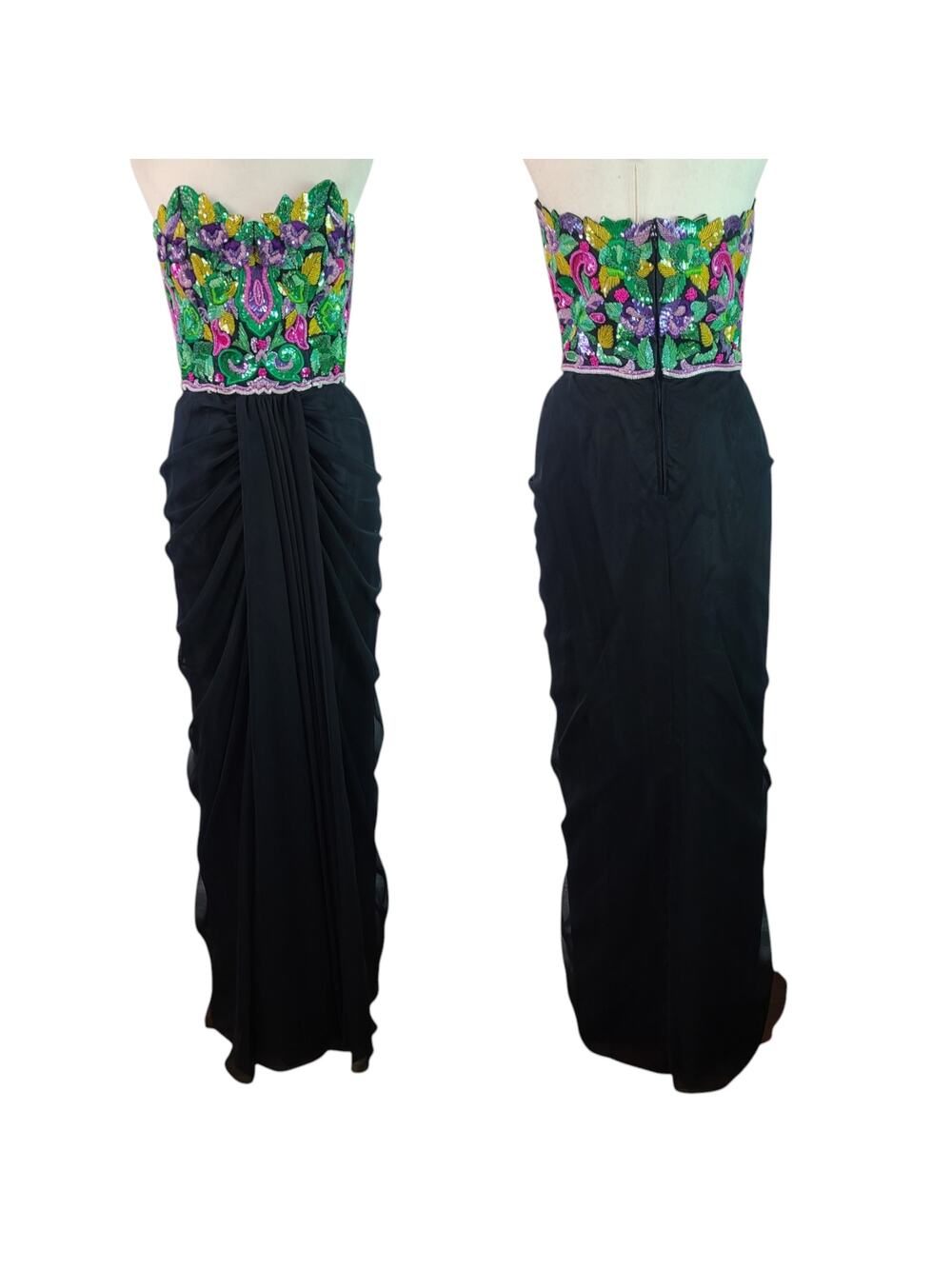 Victor Costa Vintage Black Green Pink Beaded Strapless Evening Dress Gown 10